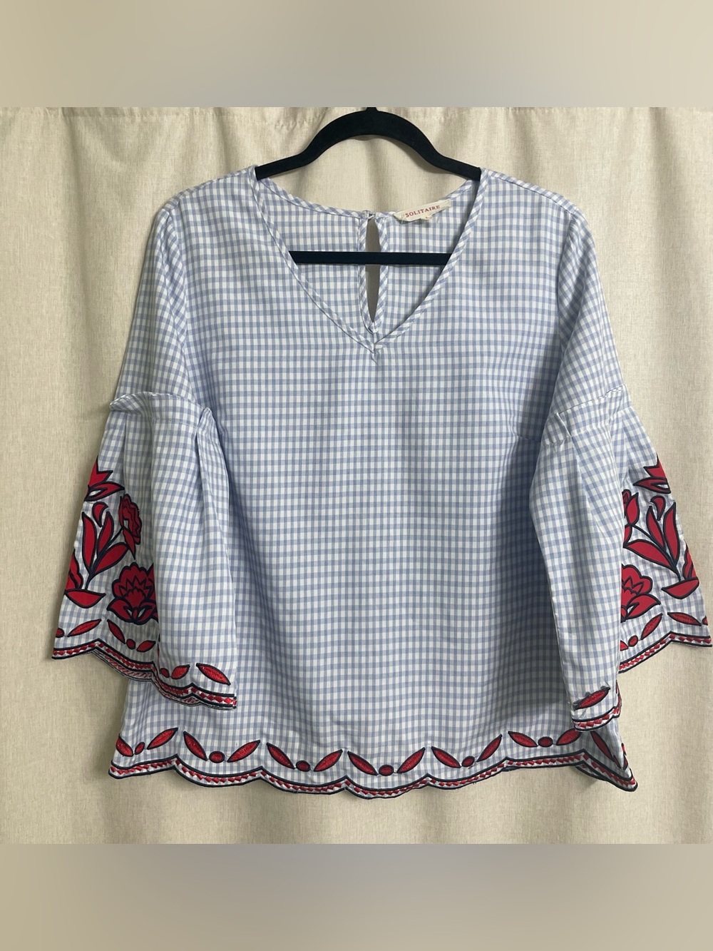 Solitaire Gingham Embroidered Bell Sleeve Blouse Size L Boho